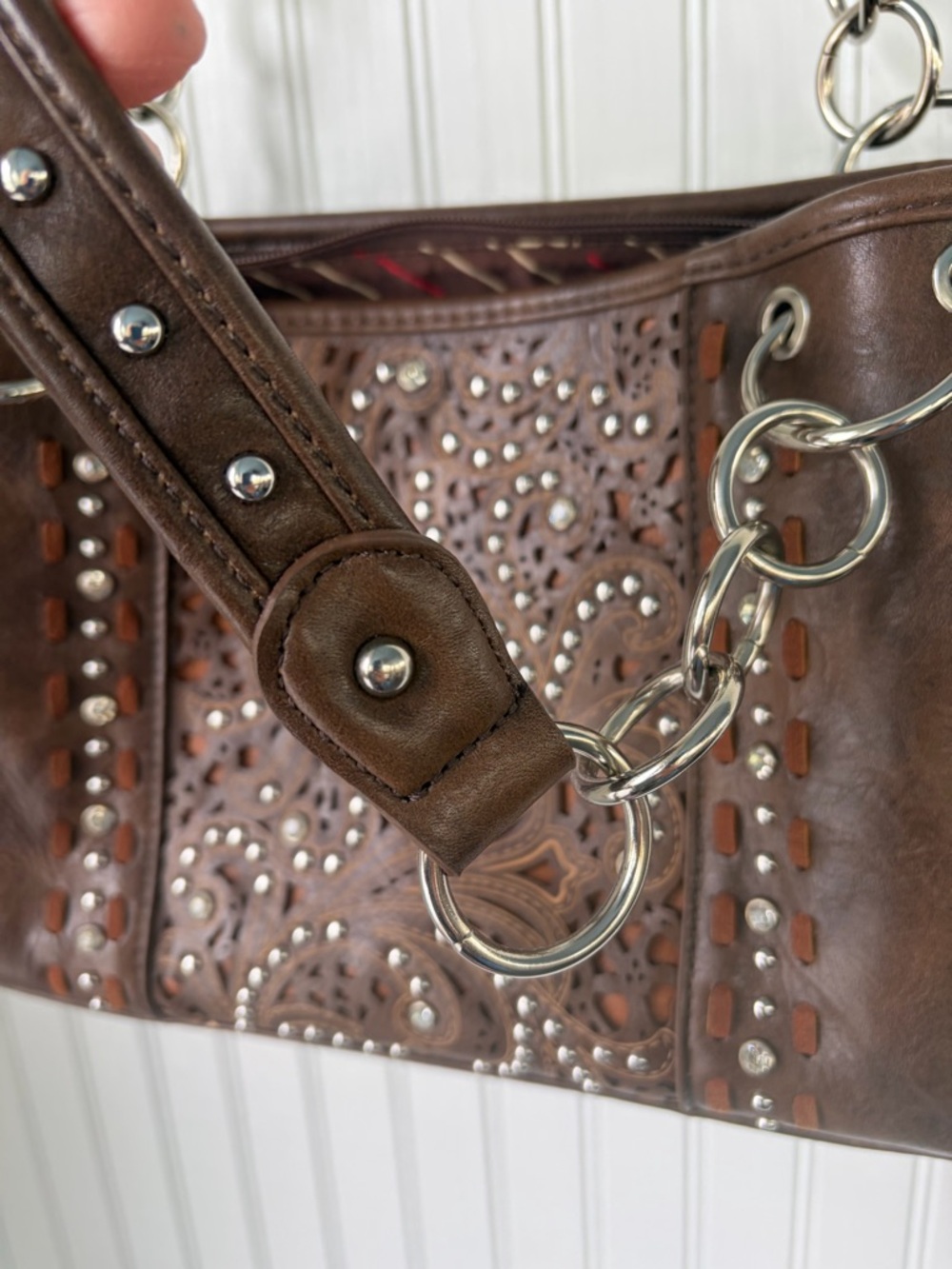 Montana West Brown Embellished Women's Shoulder Bag w/concealed compartment - Picture 3 of 16